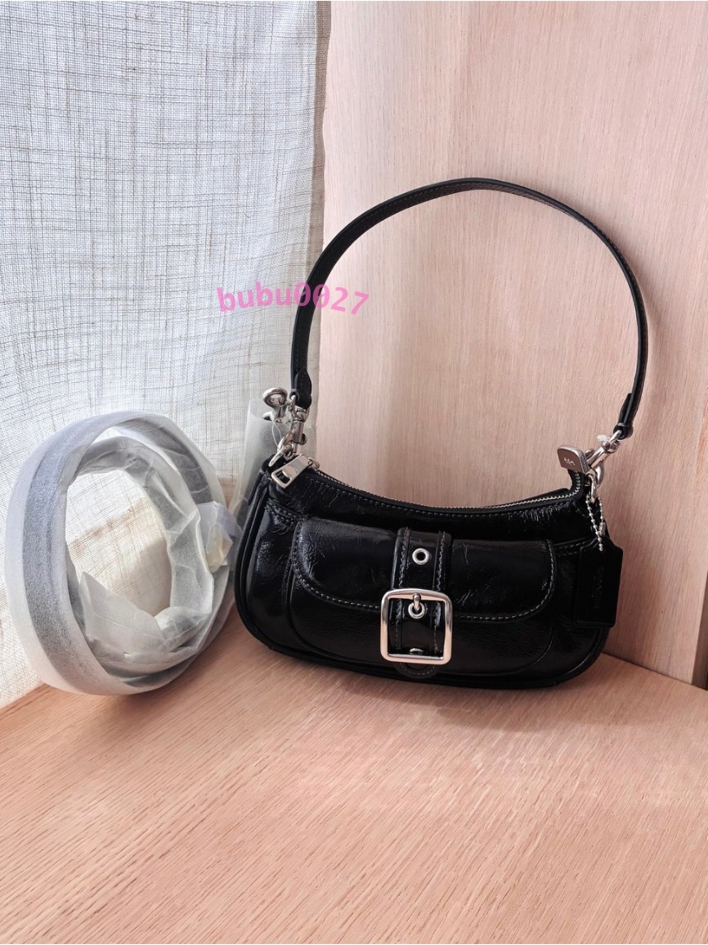 NWT🖤Coach Ashton Mini Shoulder Bag Black Silver CDB19 Glazed Leather Y2k